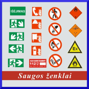 Saugos ženklai, priešgaisriniai ženklai, šviečiantys ženklai, fotoliuminiscenciniai, atspindintys ženklai